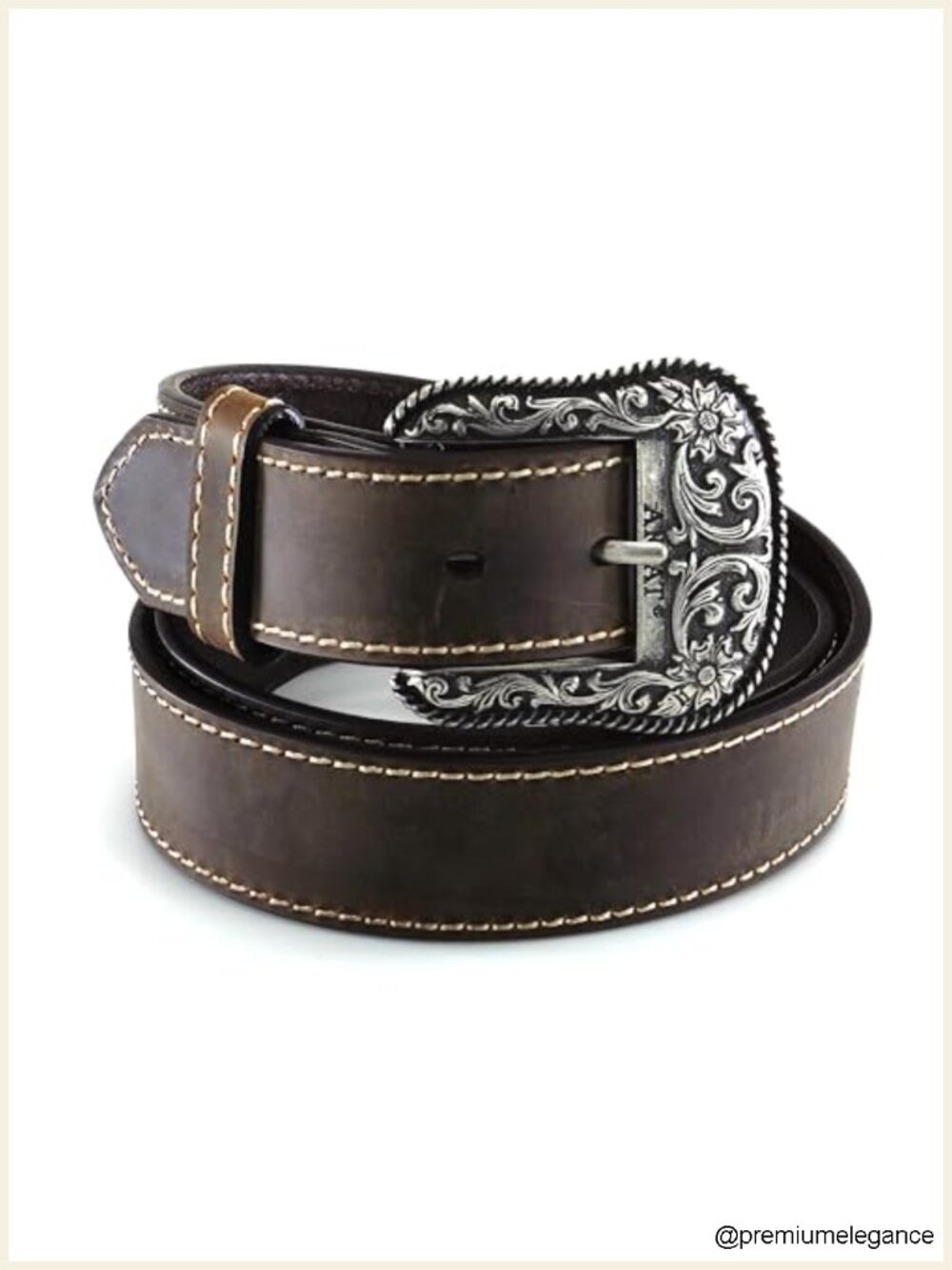 Genuine Leather Western Belt with Heavy Stitching Silver-Tone Buckle
